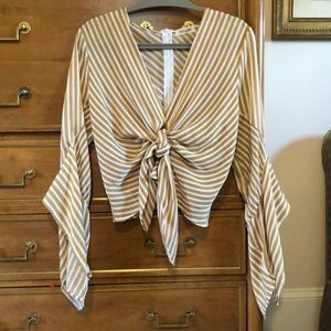 Silk gold & white striped blouse with tie front, draped cuffs. New